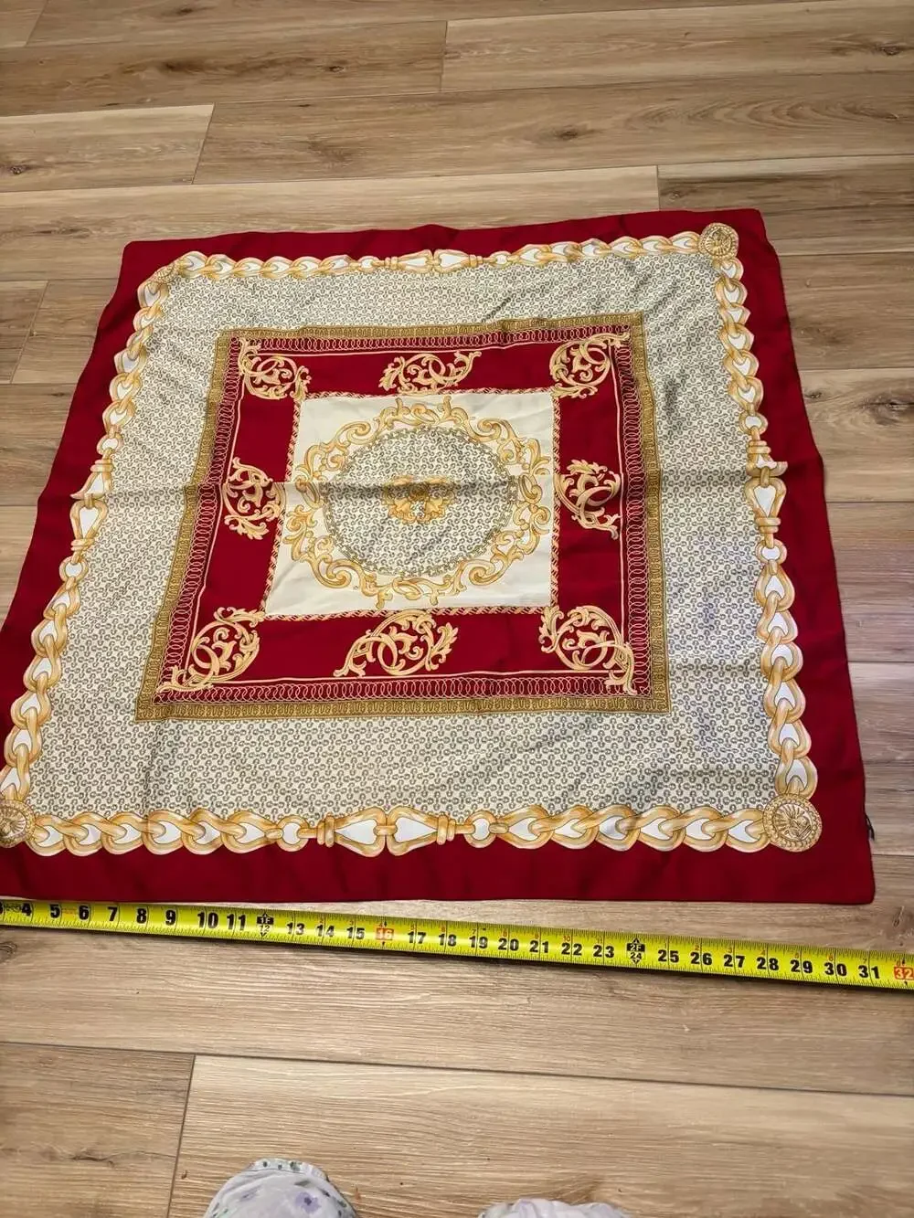 Vintage Luxury Style Square Silk Scarf Gold Chain Equestrian Motif